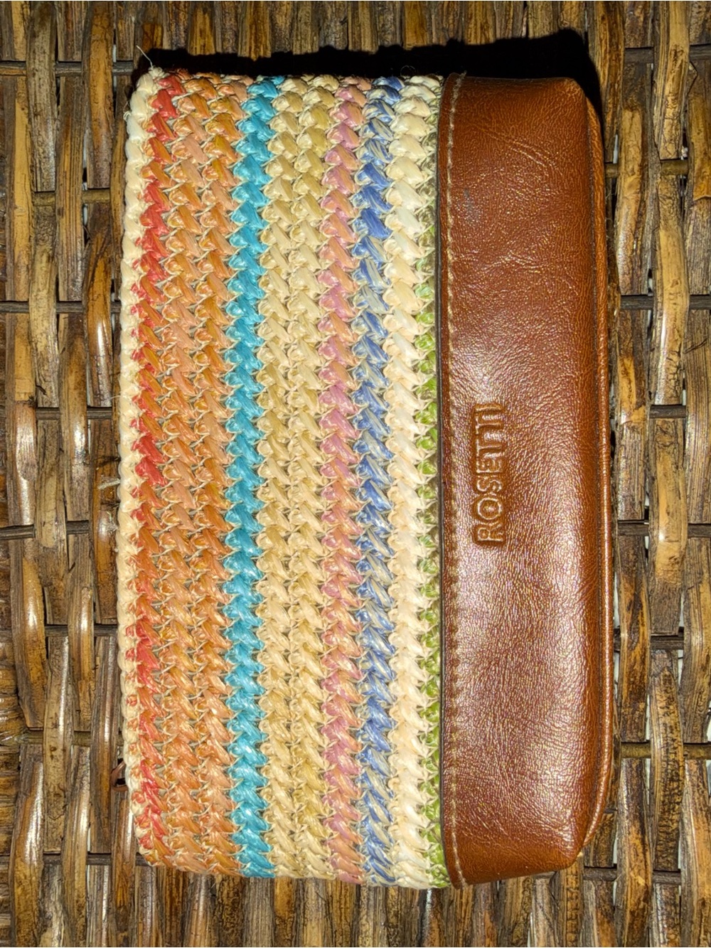 Rosetti Brown Leather and Multicolor Woven Card Holder